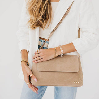 Miranda Suede Flap Crossbody: Taupe - A Bushel & A Peck