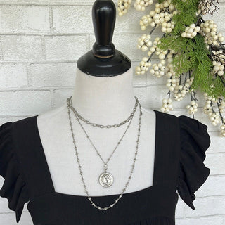 Silver triple layer necklace w/large coin pendant - A Bushel & A Peck