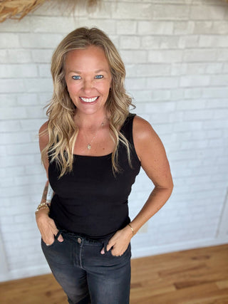 Square Neck Ribbed Tank Top - Black - A Bushel & A Peck