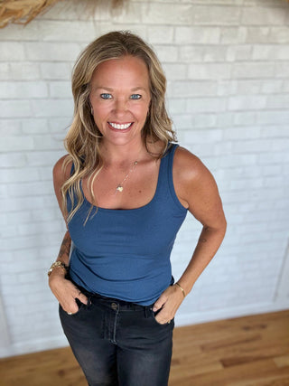 Square Neck Ribbed Tank Top - Ocean - A Bushel & A Peck