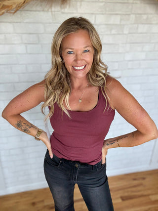 Square Neck Ribbed Tank Top - Rosewood - A Bushel & A Peck