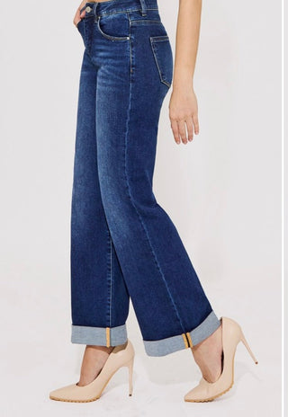 Tummy Control High Rise Wide Leg Cuffed Jeans - A Bushel & A Peck