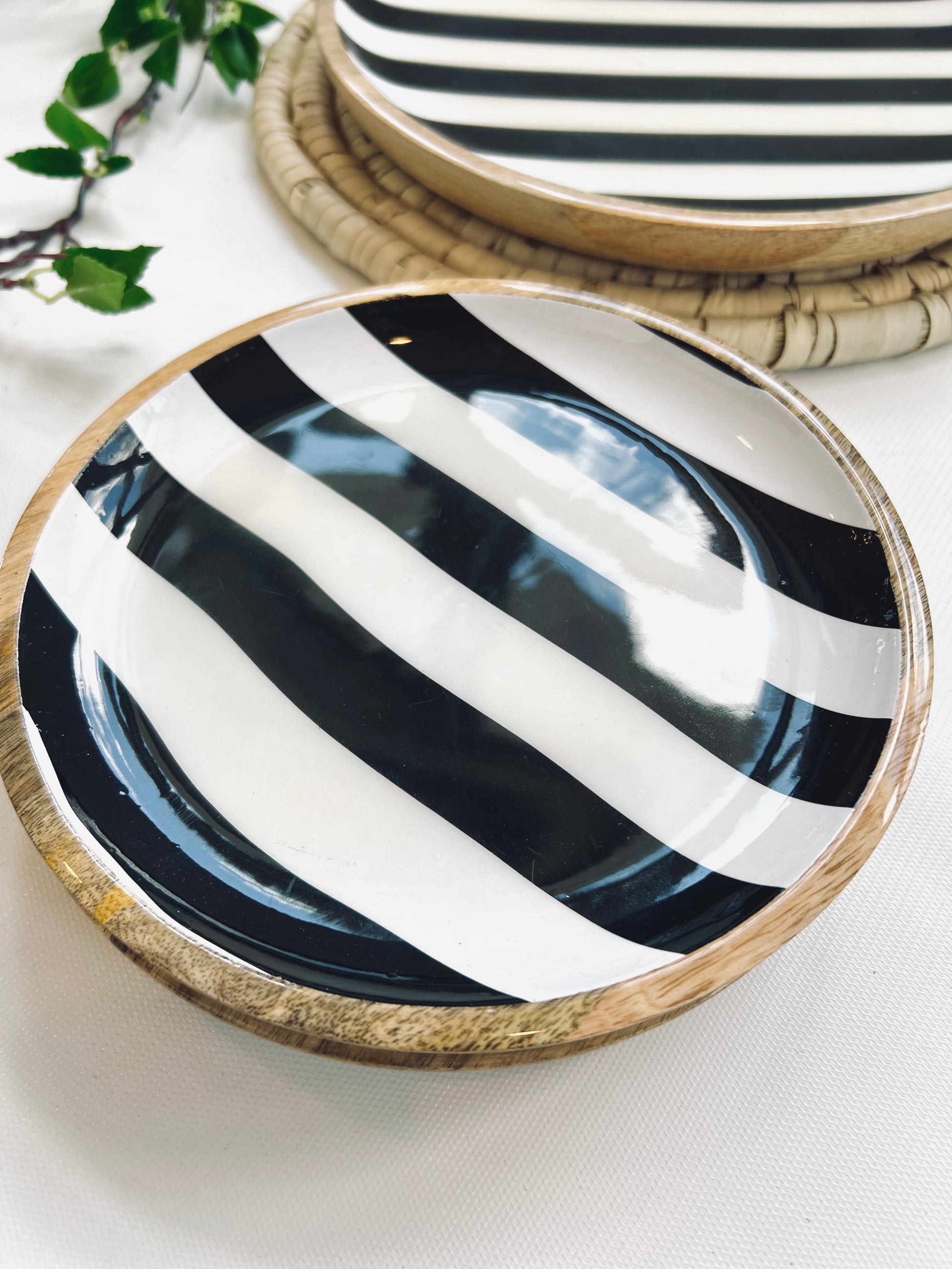 K&K Interiors Set of 2 Wooden Black and White Striped Plates with Enamel Inside