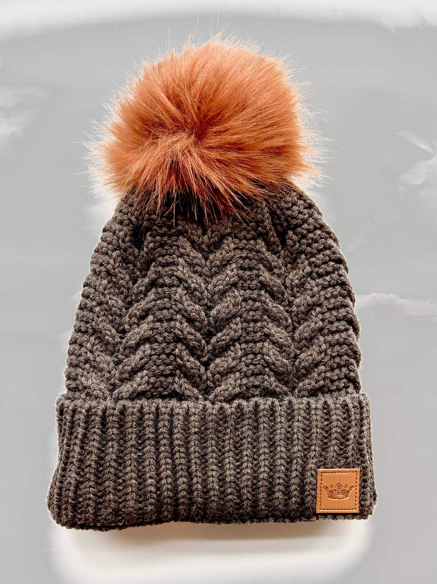 Cable Knit Hat with Rust Pom