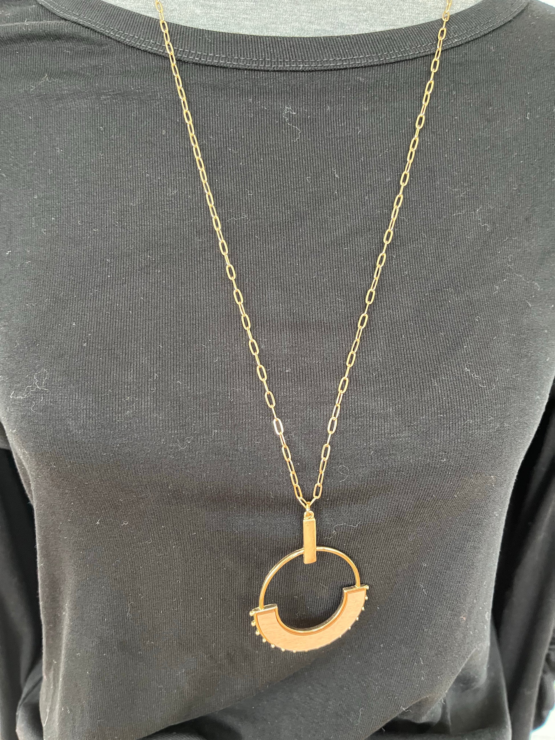 Matte Gold Bar and Light Brown Wood Circle 32" Necklace