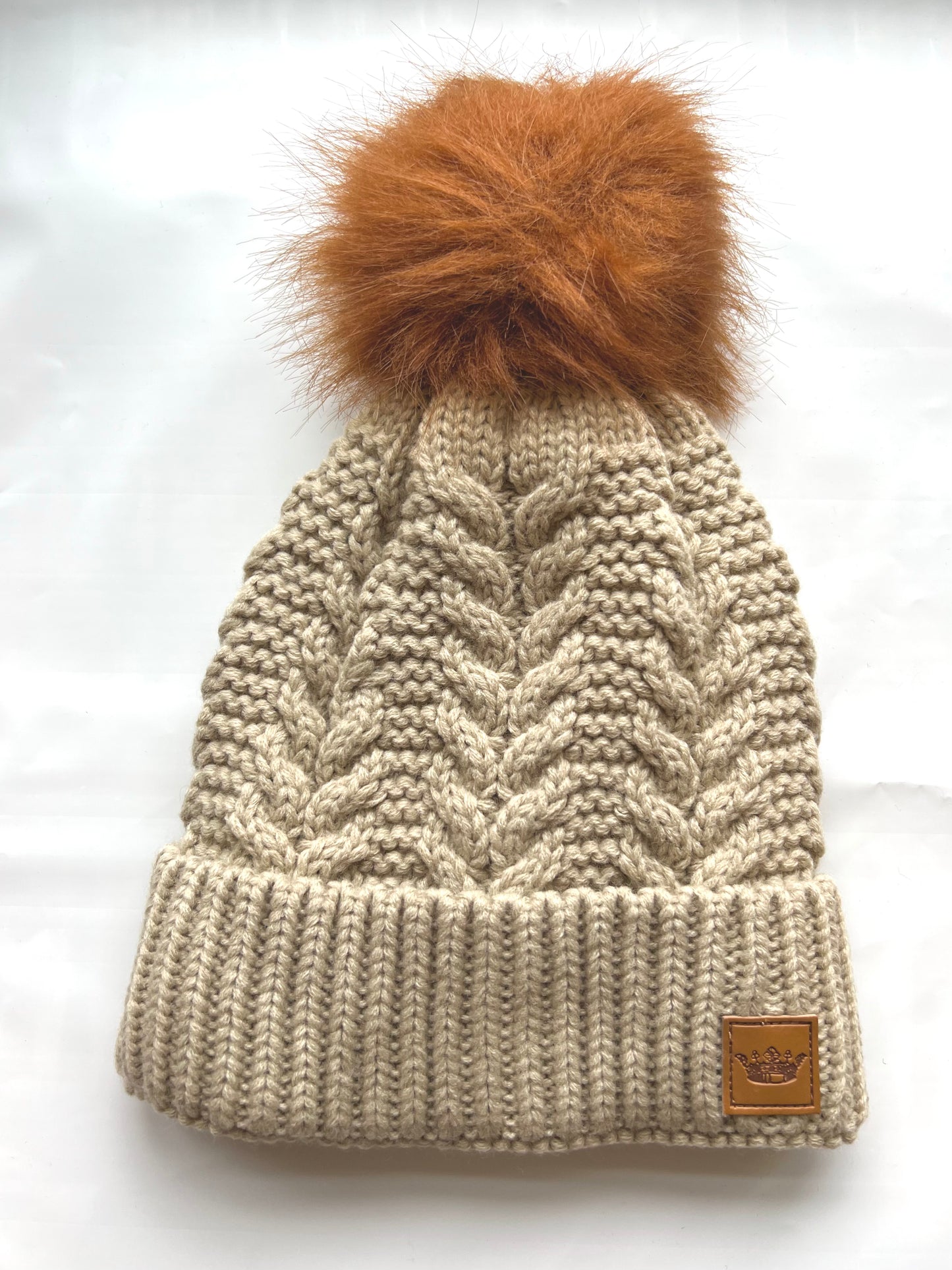 Cable Knit Hat with Rust Pom