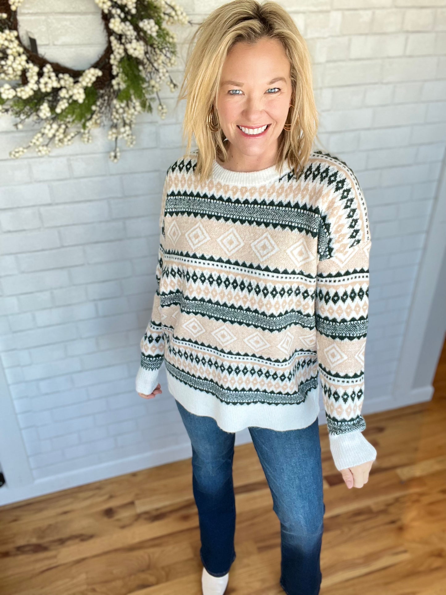 This one has such a cozy, slouchy fit. Features a geometric pattern, crew neck and ribbing at collar & cuff. Fit is oversized.